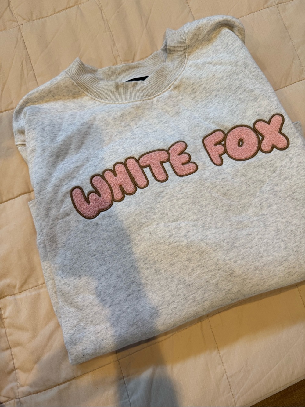 White Fox Boutique Heather Gray Crewneck with pink varsity style letters L/XL